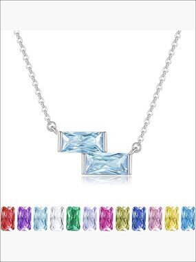 925 Sterling Silver Double Birthstone Necklace with Zircon Pendant